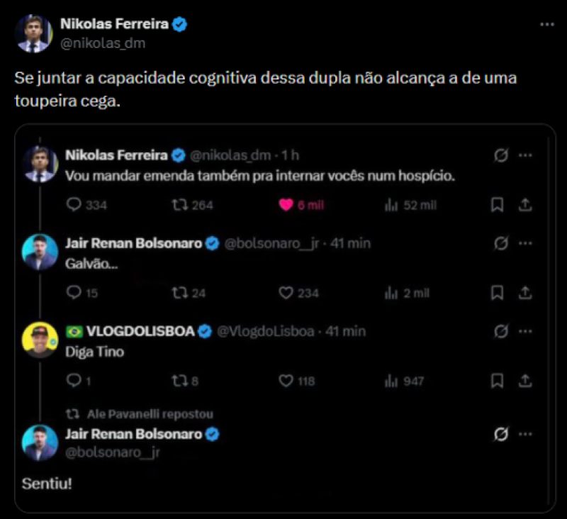 Nikolas diz que Jair Renan tem capacidade cognitiva de 