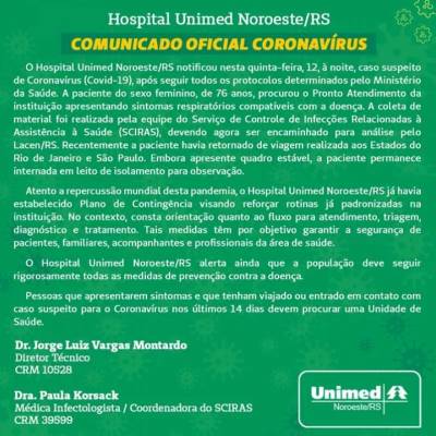 Unimed notifica caso suspeito de Coronavírus, em Ijuí 